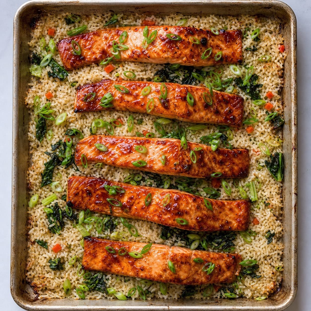 Miso Salmon & Rice Traybake, plated